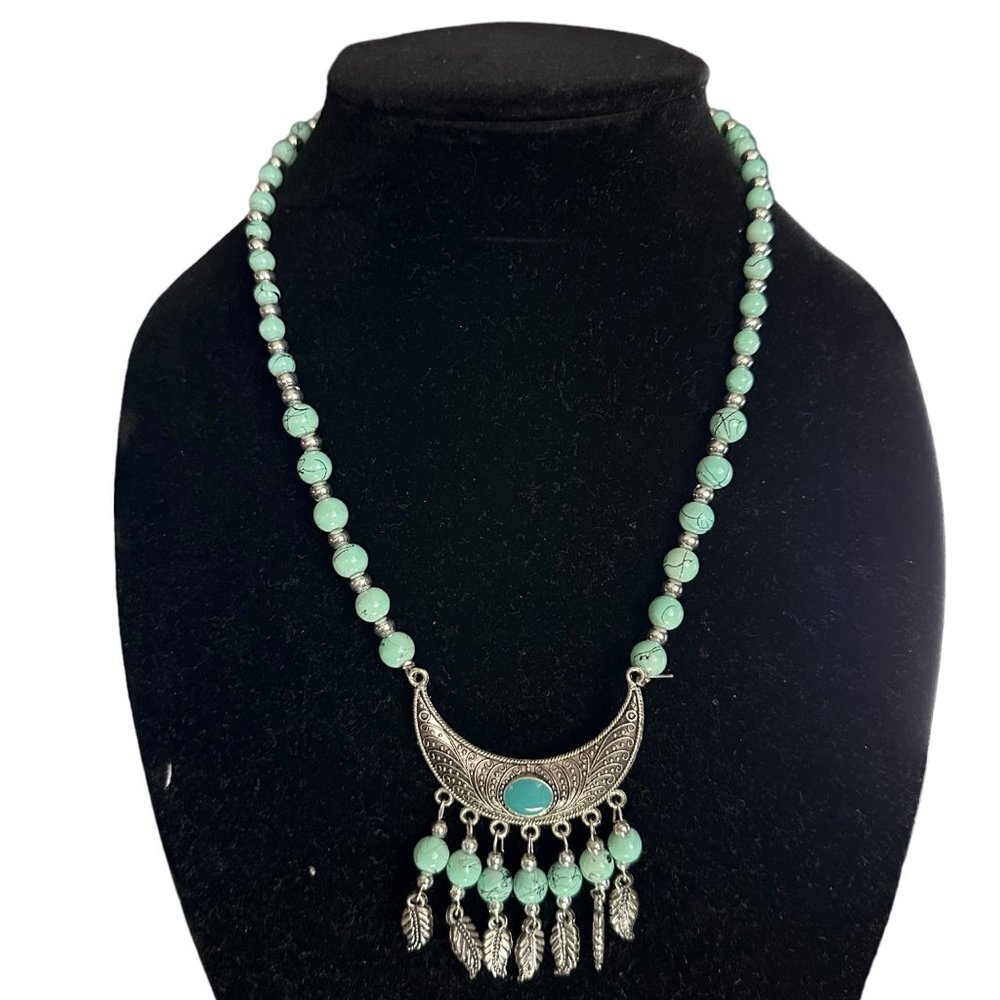 Blue Beaded Necklace with Metal Pendant